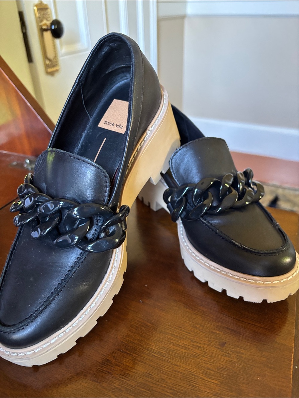 Dolce Vita Black Leather Chain-Trim Lug Sole Loafers with Cream Sole